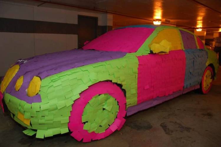 car covered in Post-It notes, 1
