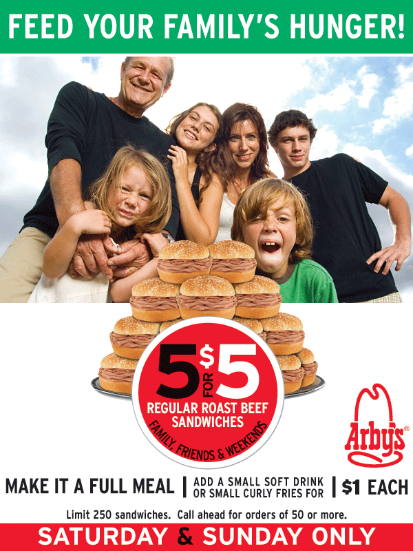 Arby's 5-for-5 deal, limit 250