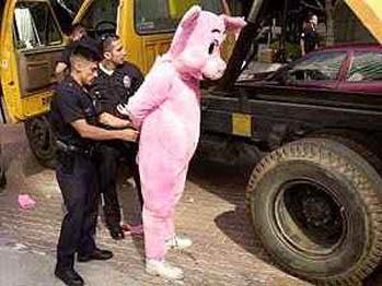 man in pig costume being arrested